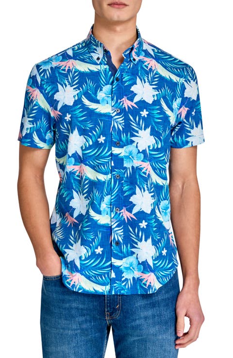 Tropical Floral Short Sleeve Stretch Button-Down Shirt
