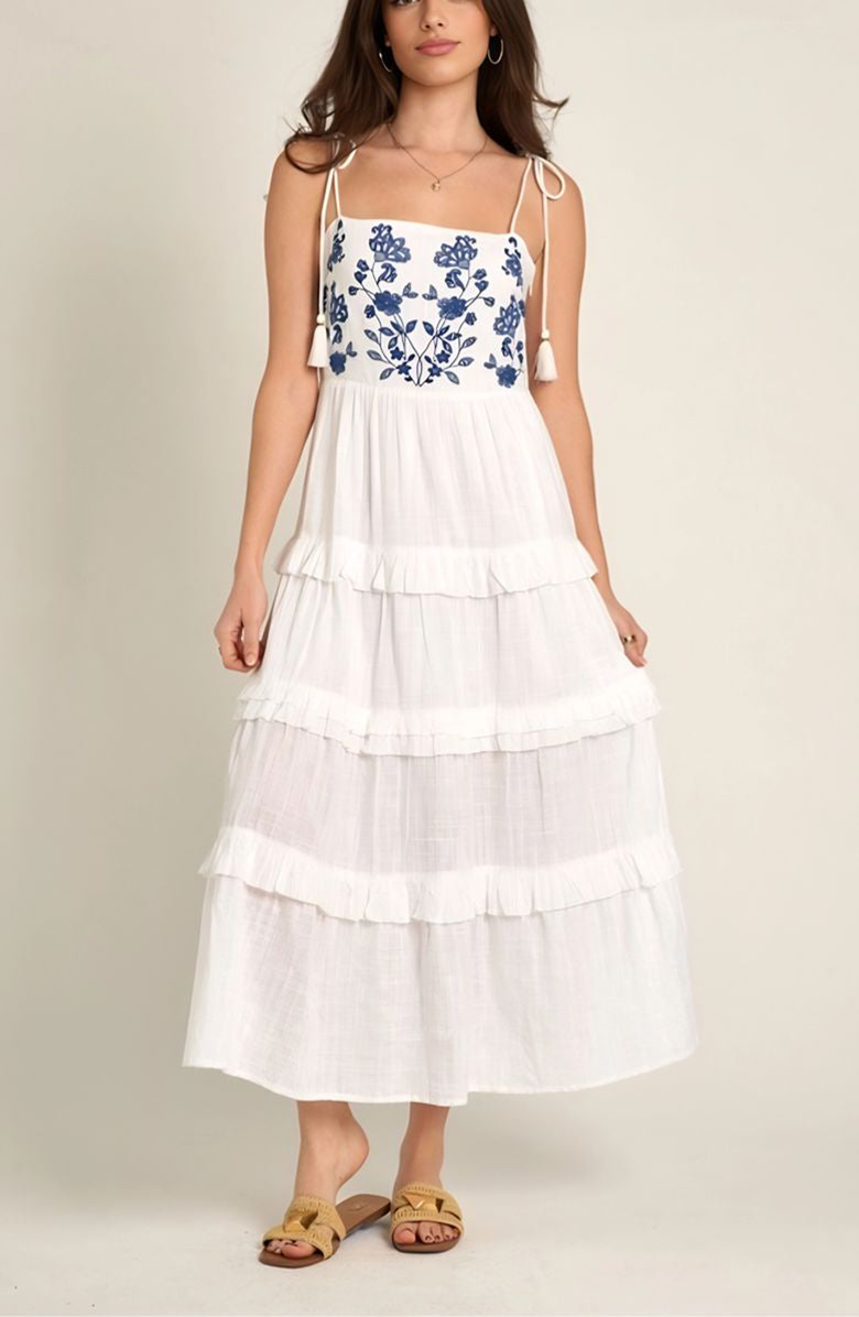 Knit and Lounge Tiered Maxi Dress with Embroidered Bodice, Main, color, 