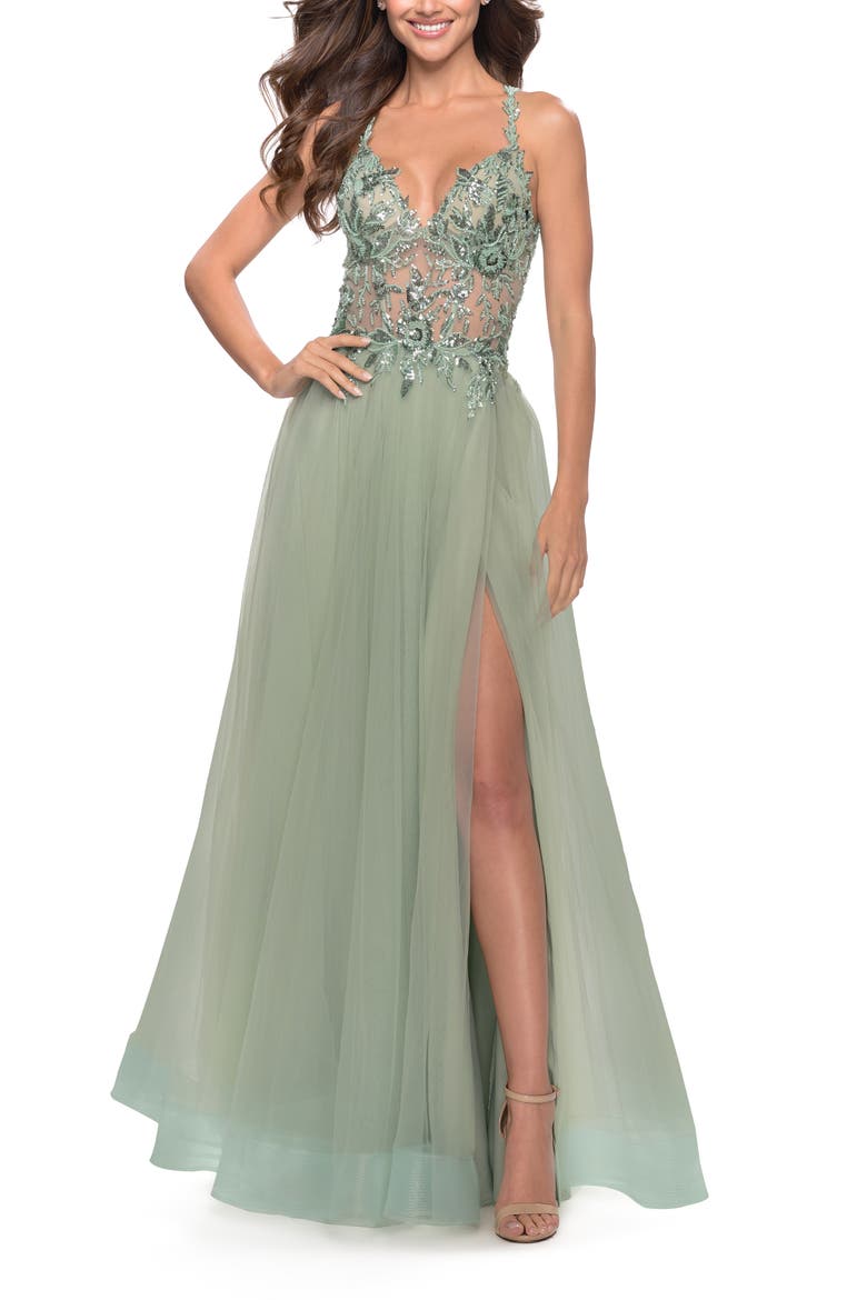Tulle A-Line Gown with Sheer Bodice and Beaded Lace Detail, Alternate, color, Sage