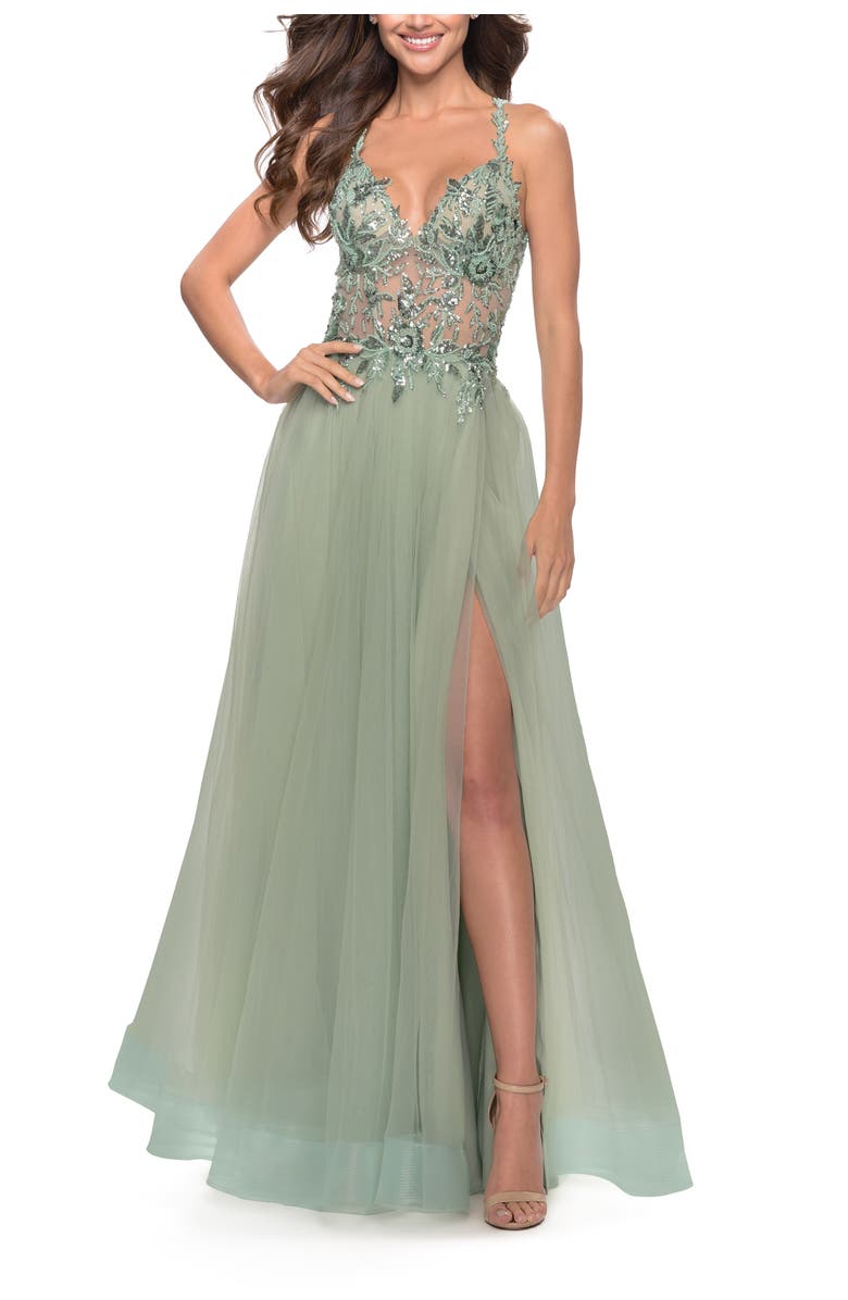 La Femme Tulle A-Line Gown with Sheer Bodice and Beaded Lace Detail, Alternate, color, Sage