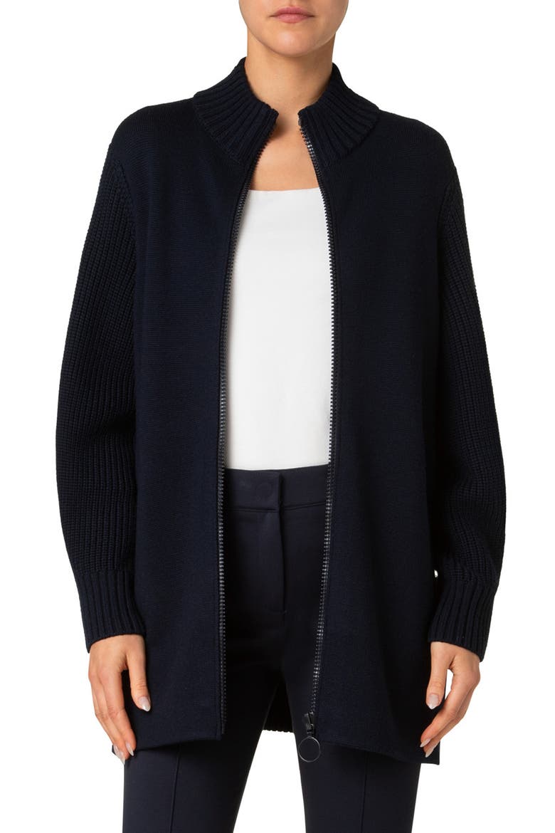 Stretch Merino Wool Bomber Cardigan, Main, color, NAVY