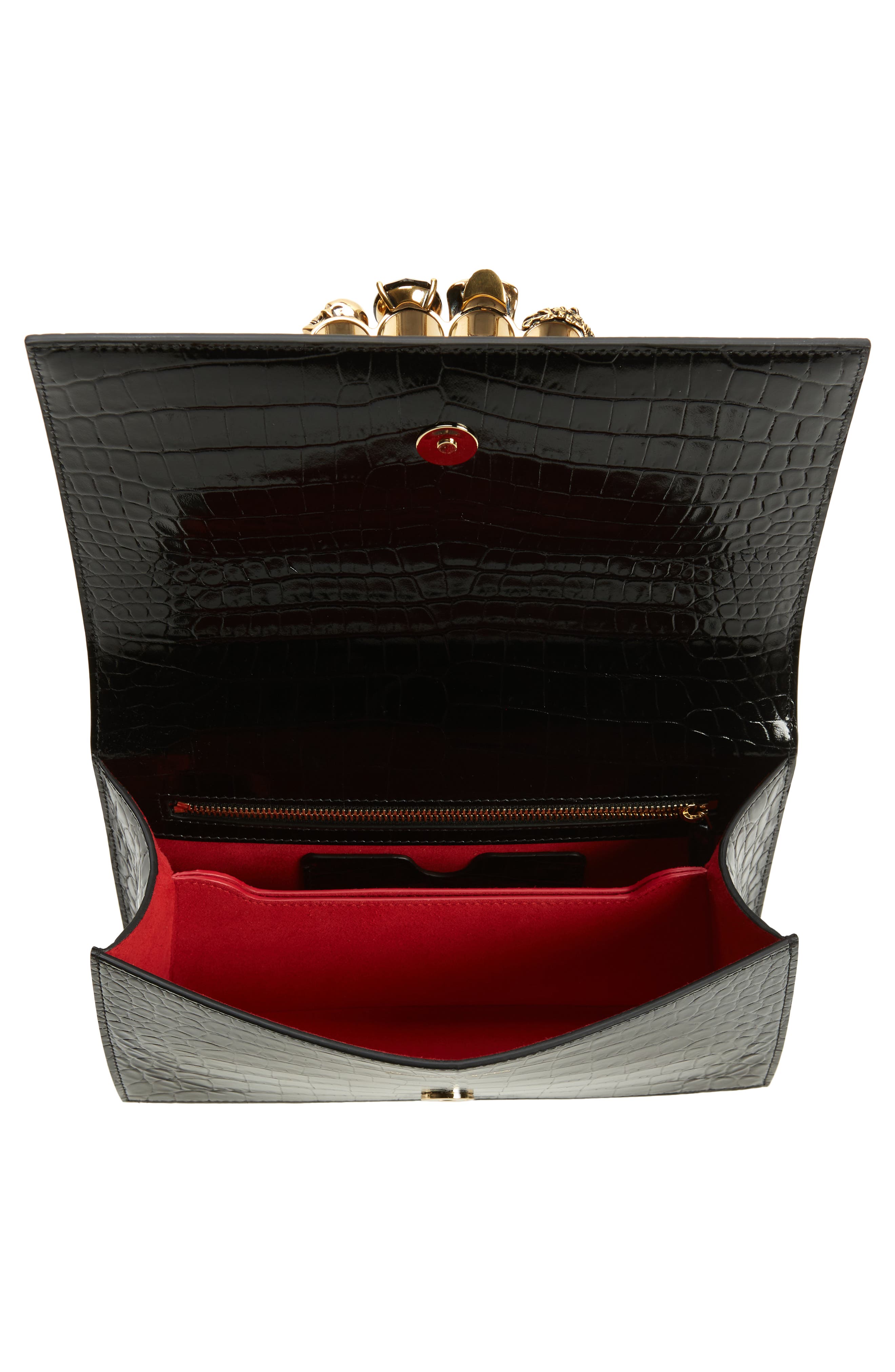 Alexander McQueen Jewelled Knuckle Croc Embossed Leather Crossbody Bag, Alternate, color, BLACK