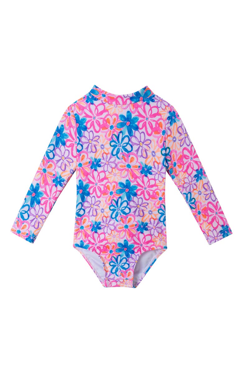 Andy & Evan Print Long Sleeve One-Piece Rashguard Swimsuit & Sun Hat Set, Alternate, color, Blue