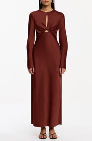 Significant Other Molly Cutout Twist Front Long Sleeve Satin Maxi Dress