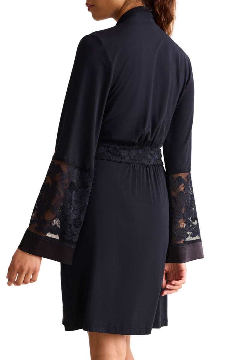 Fleur't Parisian Nights Lace Trim Short Robe, Alternate, color, Black