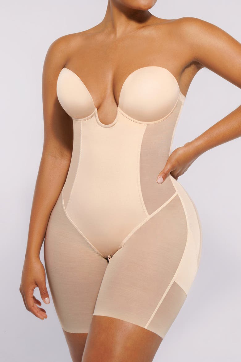 Strapless Shapewear Deep Plunge Low Back Bodysuit, Main, color, Beige