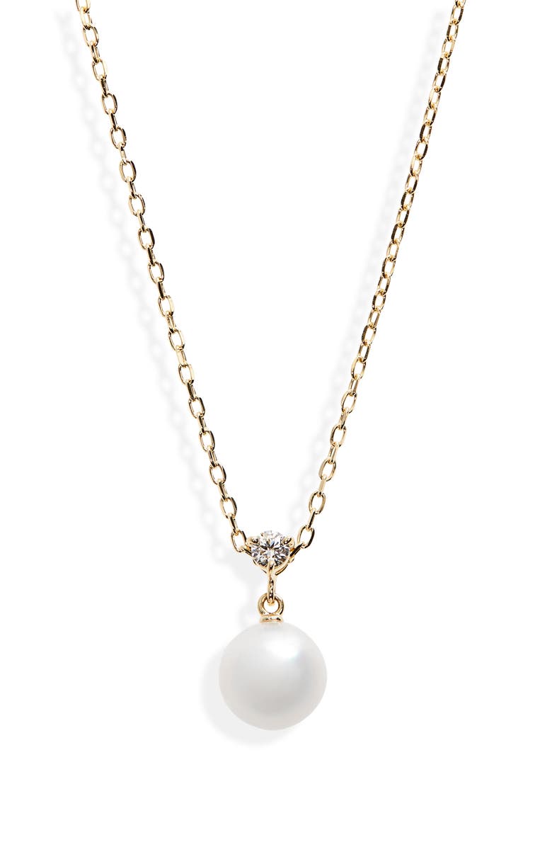 Mikimoto Classic Diamond & Akoya Pearl Pendant Necklace, Main, color, Yellow Gold
