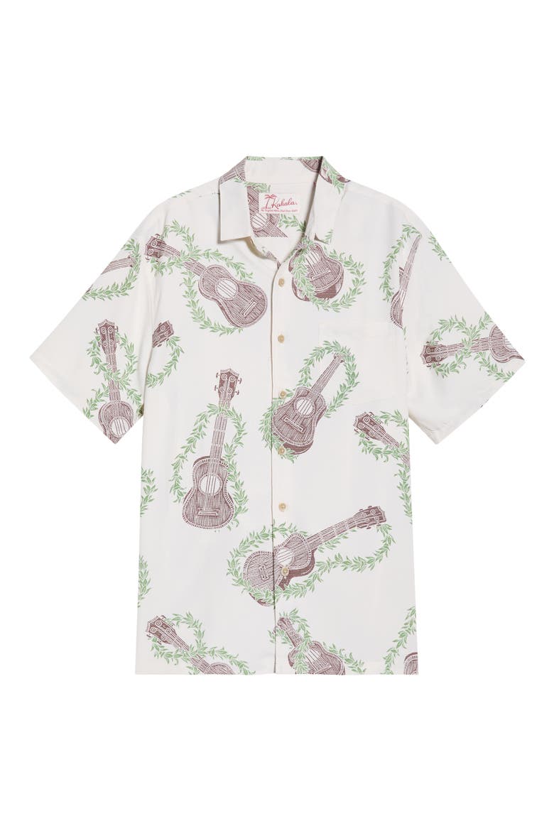 Ukulele Mele Print Short Sleeve Button-Up Shirt, Alternate, color, WHITE