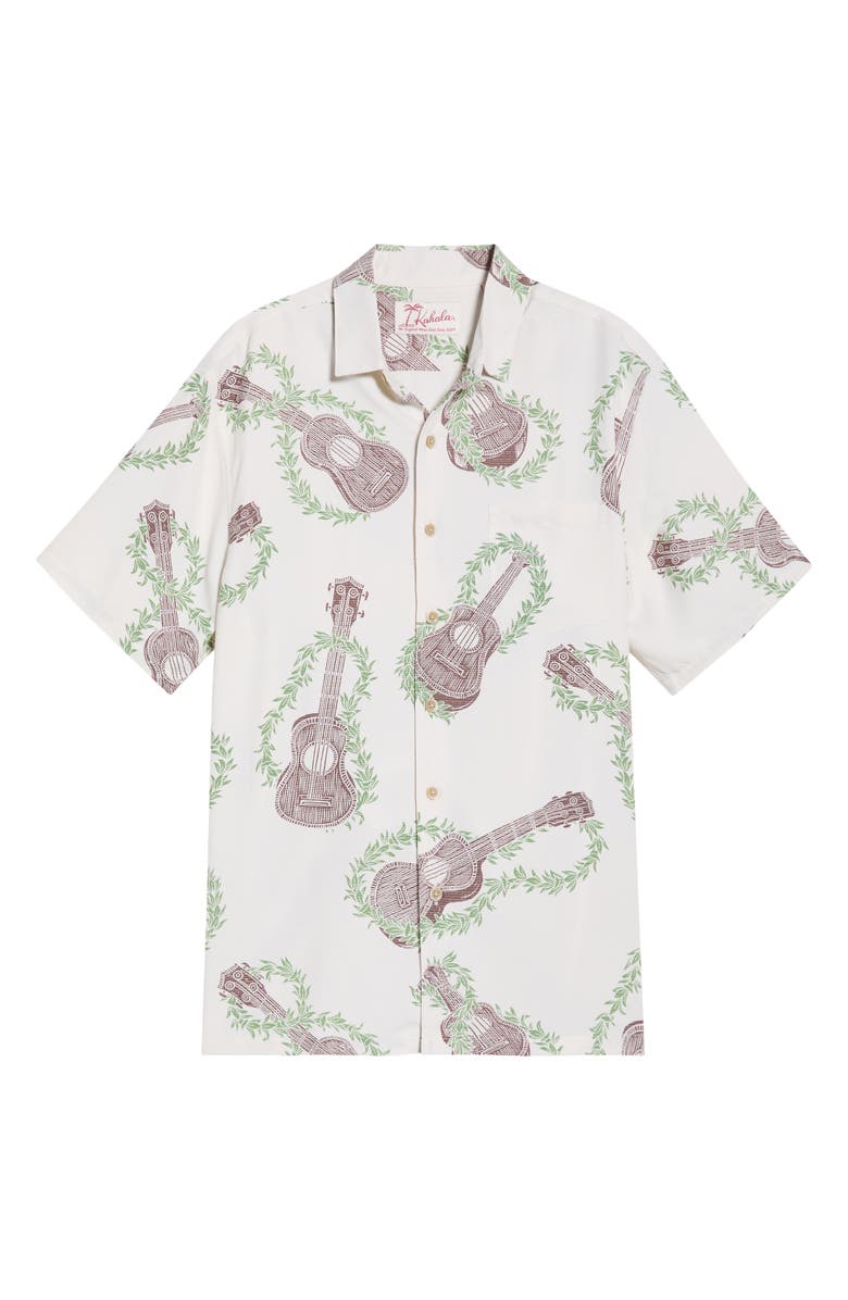 Kahala Ukulele Mele Print Short Sleeve Button-Up Shirt, Alternate, color, White