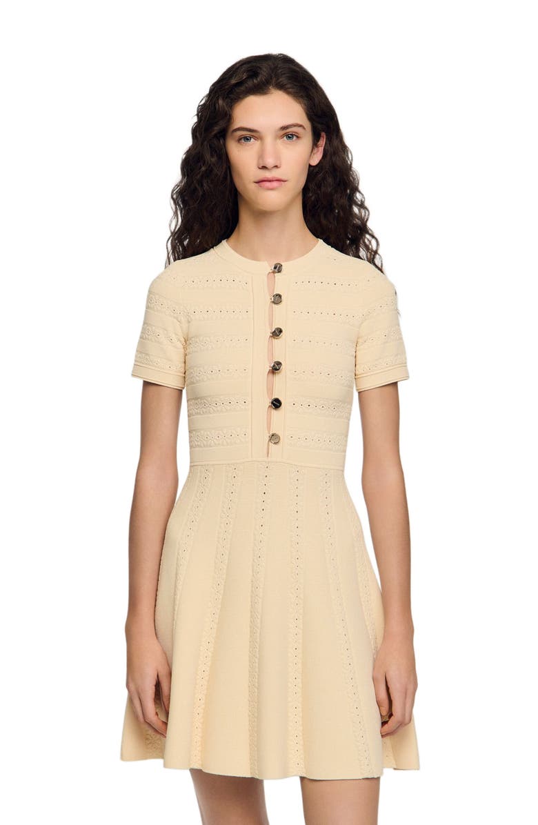 SANDRO Floral print knit short dress, Alternate, color, Vanilla