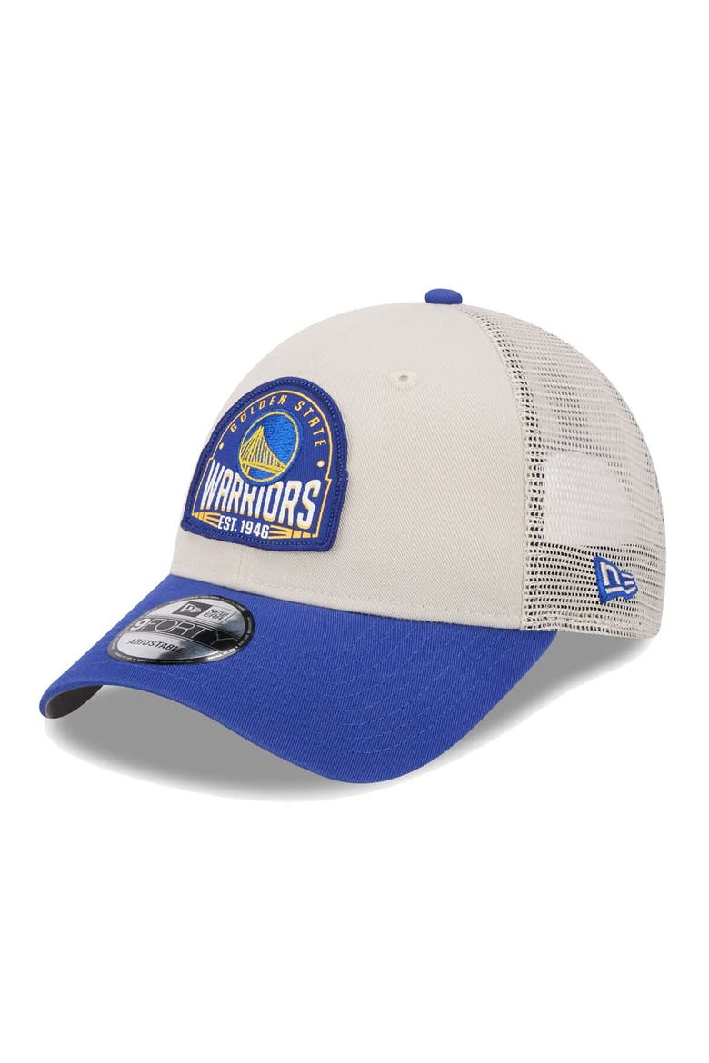 Men's New Era Khaki/Royal Golden State Warriors Throwback Patch Trucker 9FORTY Adjustable Hat, Main, color, Khaki