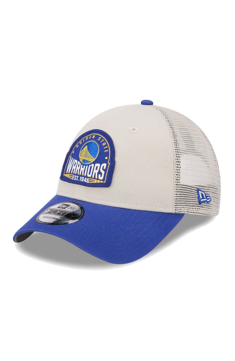 New Era Men's New Era Khaki/Royal Golden State Warriors Throwback Patch Trucker 9FORTY Adjustable Hat, Main, color, Khaki