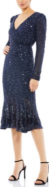 Mac Duggal Sequin Long Sleeve with Trumpet Hem & Beaded Detail