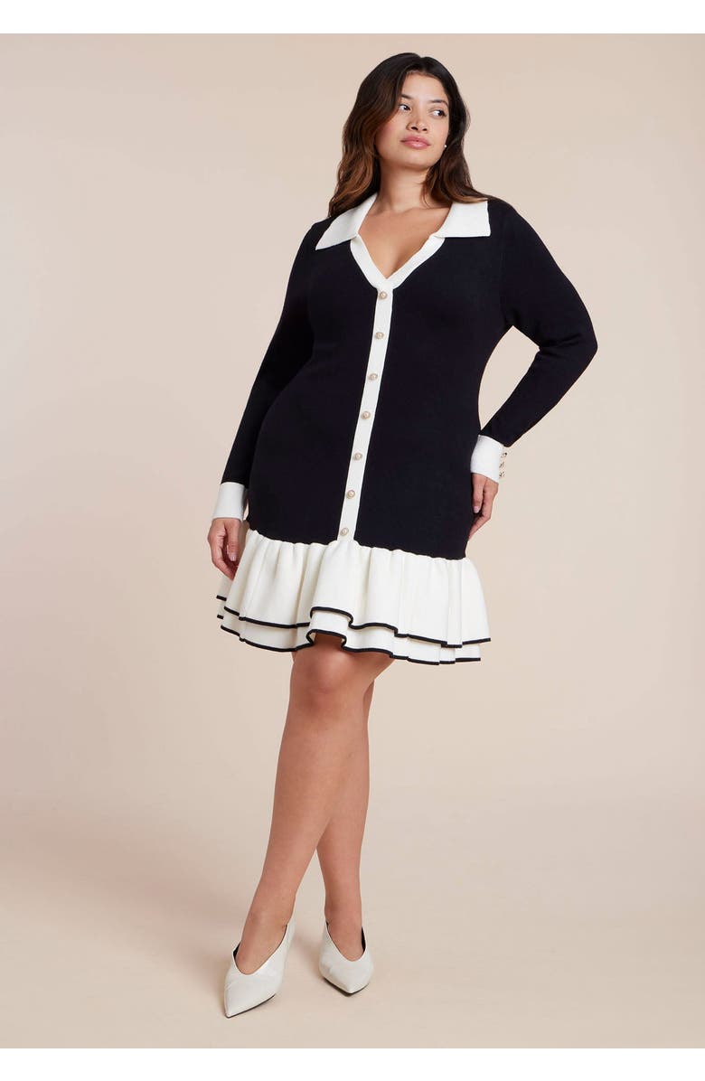 ELOQUII Contrast Tipping Flounce Mini Dress, Main, color, Black Onyx