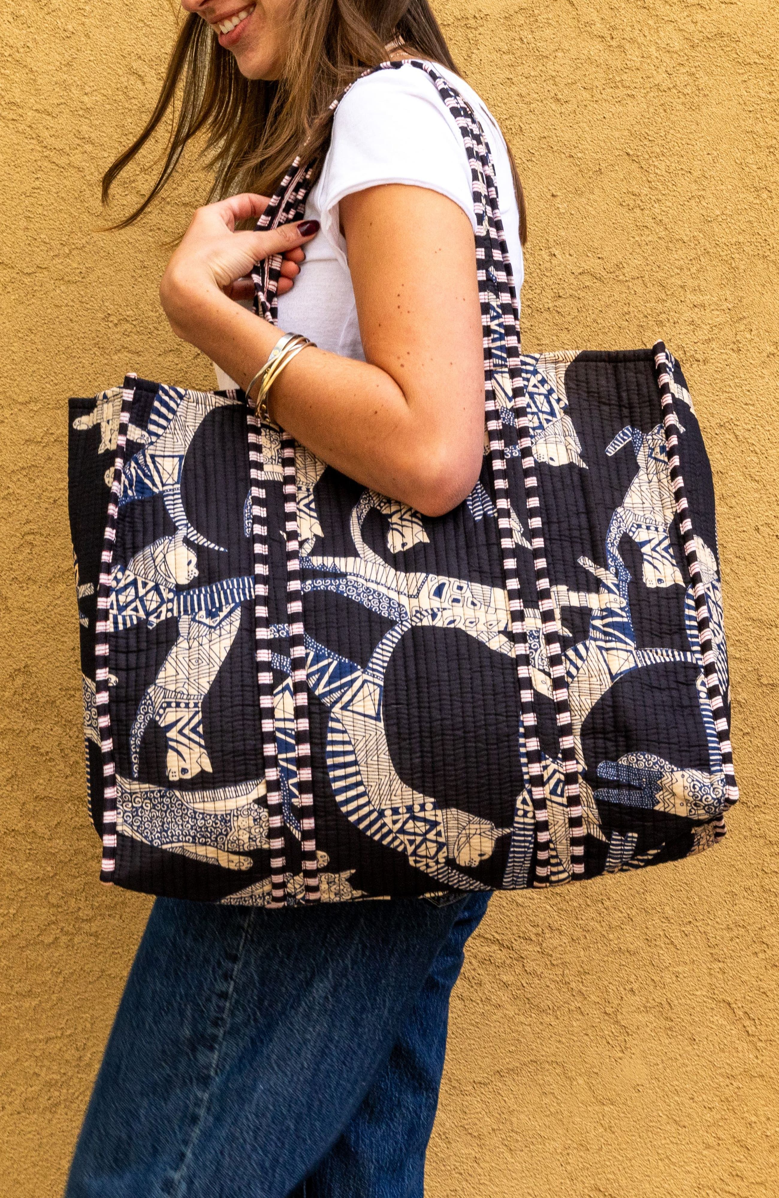 Quilted Feline Tote, Alternate, color, Navy Blue