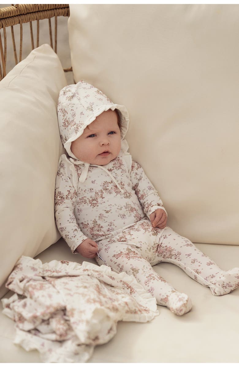 Manière Blooming Ruffle Accent Cotton Footie, Alternate, color, White