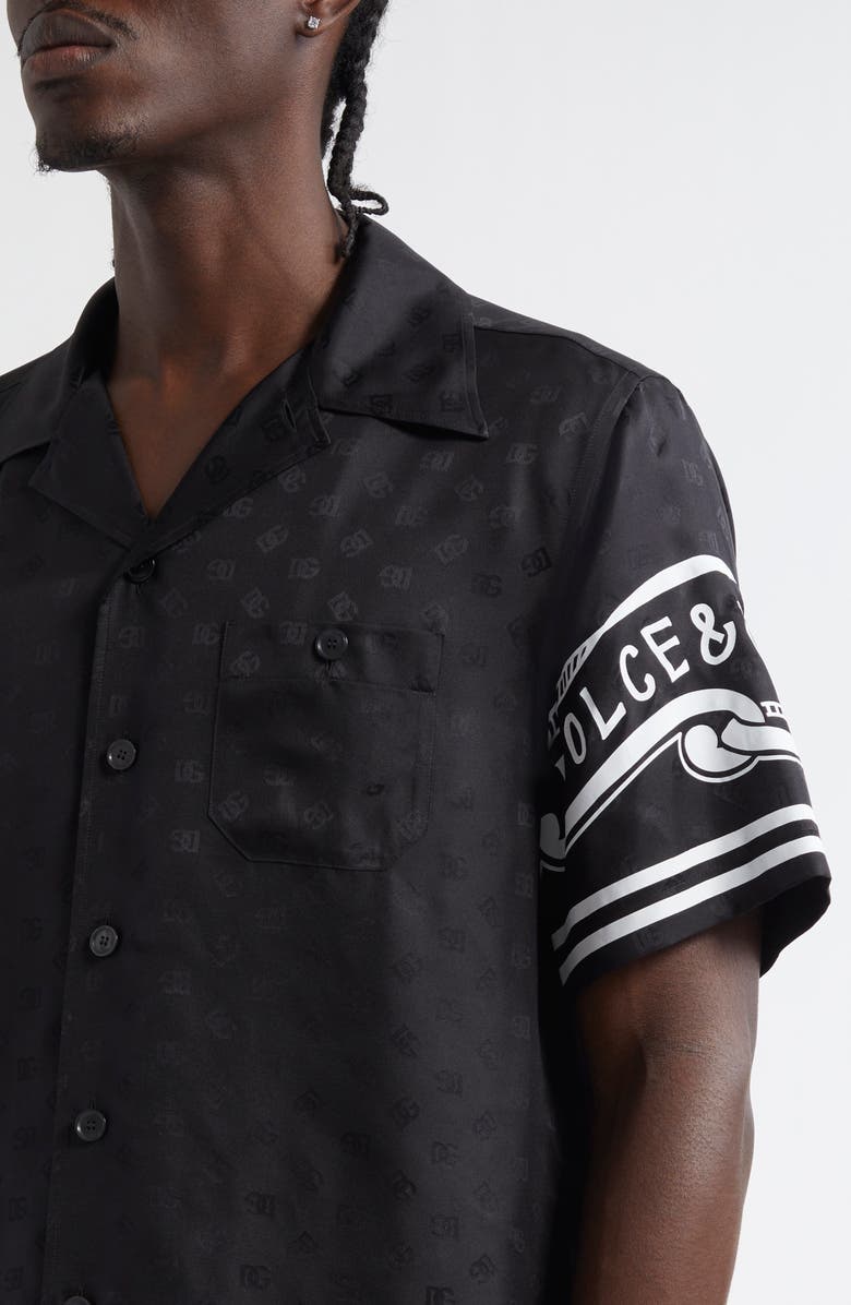 Dolce&Gabbana Logo Jacquard Bandana Print Silk Camp Shirt, Alternate, color, Nero