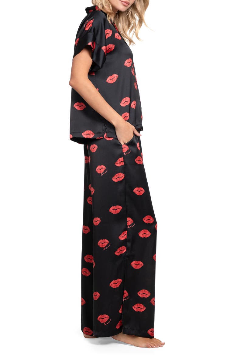 Valentine's Day Print Satin Long Pajamas, Alternate, color, BLACK