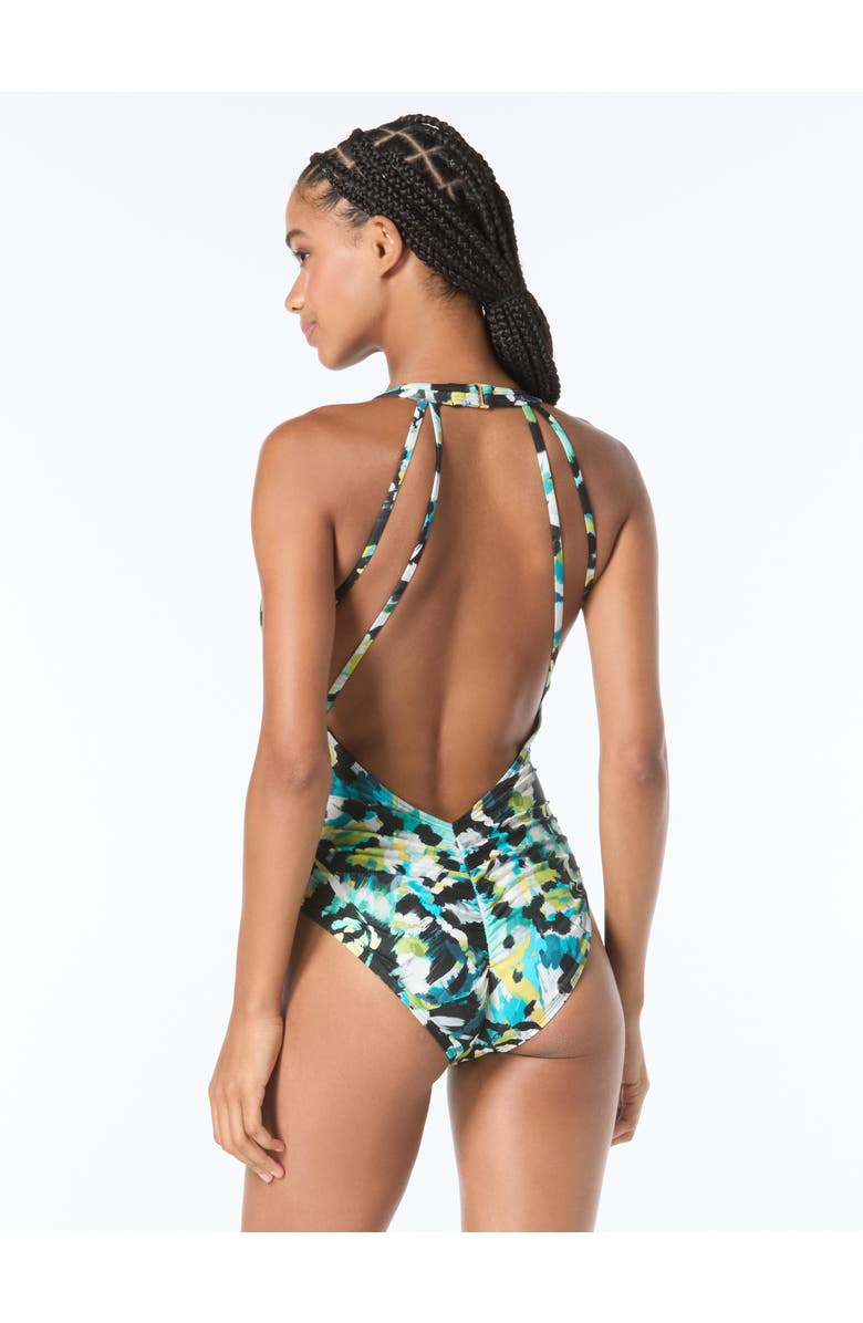 Vince Camuto V Neck One-Piece Swimsuit, Alternate, color, Blue Multi