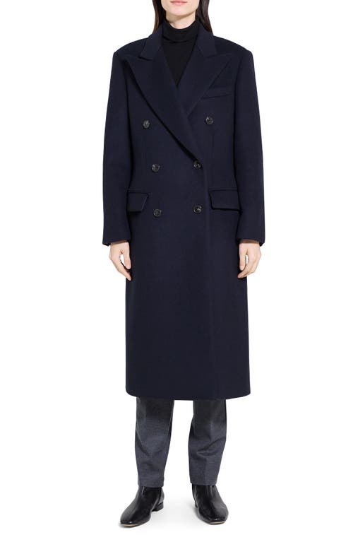 Theory Peak Lapel Double Breasted Wool Blend Coat In Blue