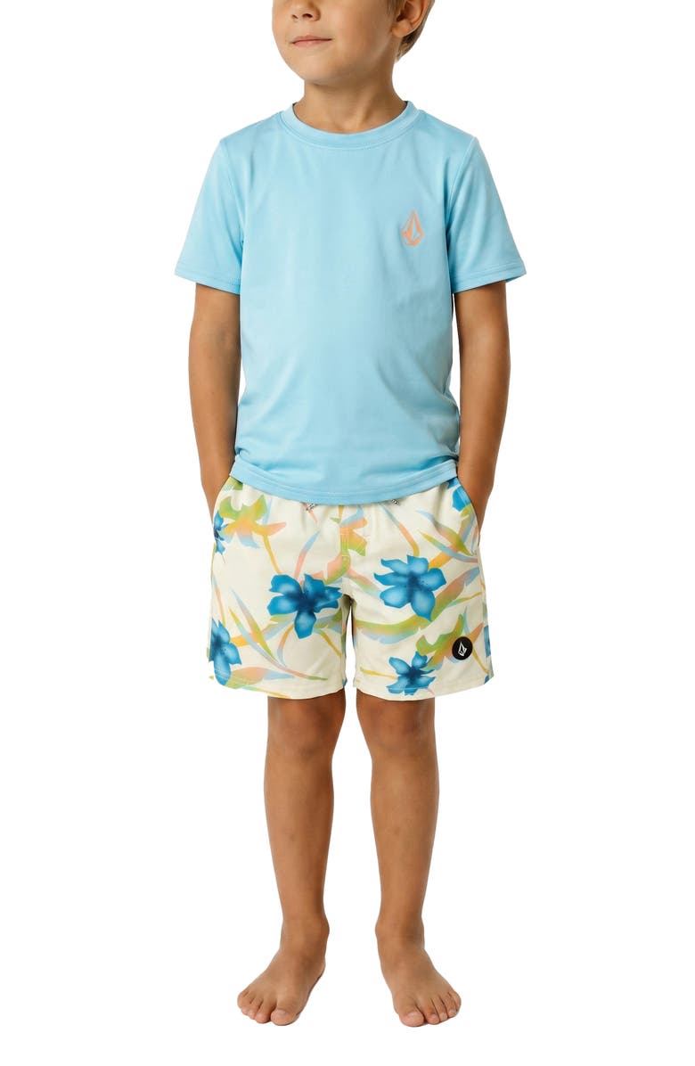 Volcom Kids' Sprayz Floral Rashguard T-Shirt & Swim Shorts Set, Alternate, color, Resin Blue