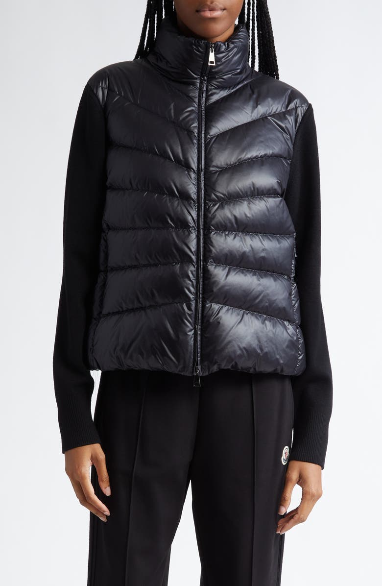 Moncler Wool Knit & Down Cardigan, Main, color, Black