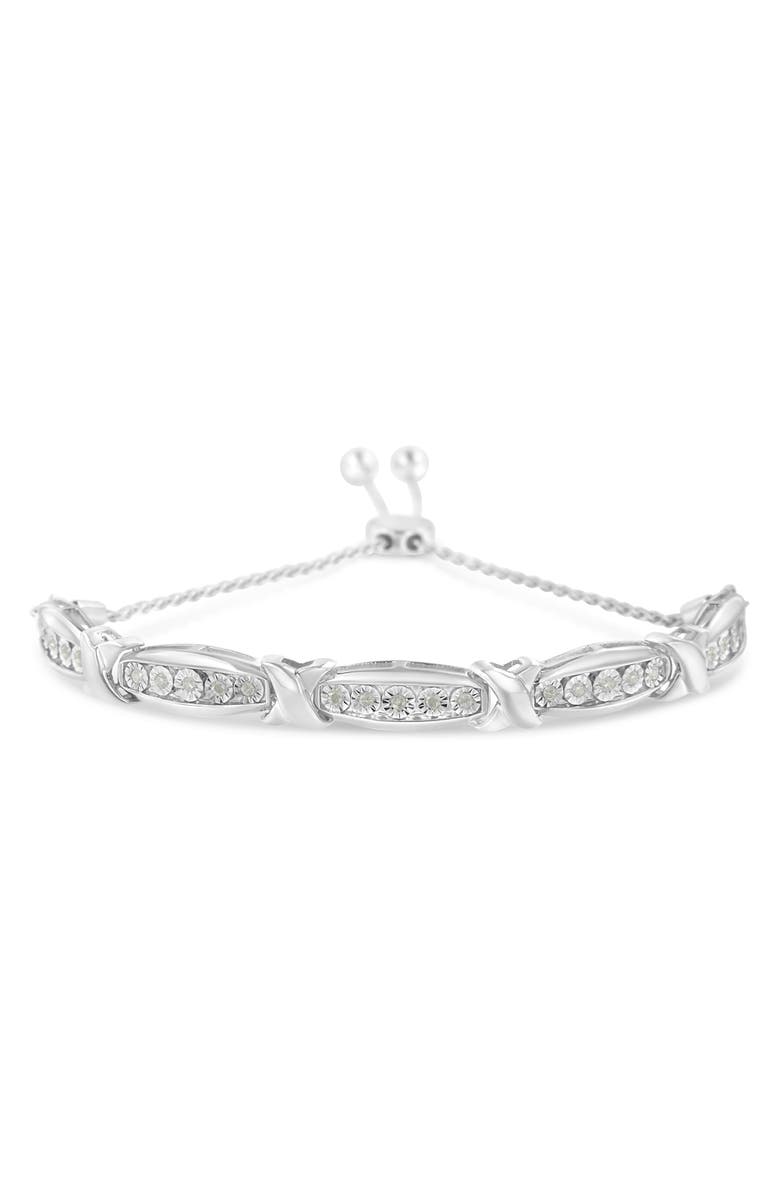 Haus of Brilliance Round-Cut Diamond X & Tapered Bar Miracle-Set Bolo Bracelet - Silver, Main, color, White