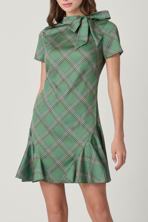 Dashed Plaid Satin Charmeuse Bosher Dress