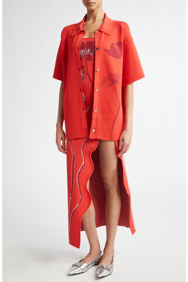 Iris Flower Jacquard Maxi Sweater Dress, Alternate, color, RED TULIP