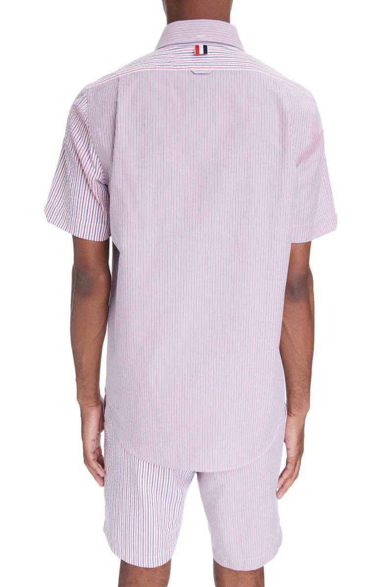 Thom Browne Straight Fit Stripe Short Sleeve Cotton Seersucker Button-Down Shirt, Alternate, color,
