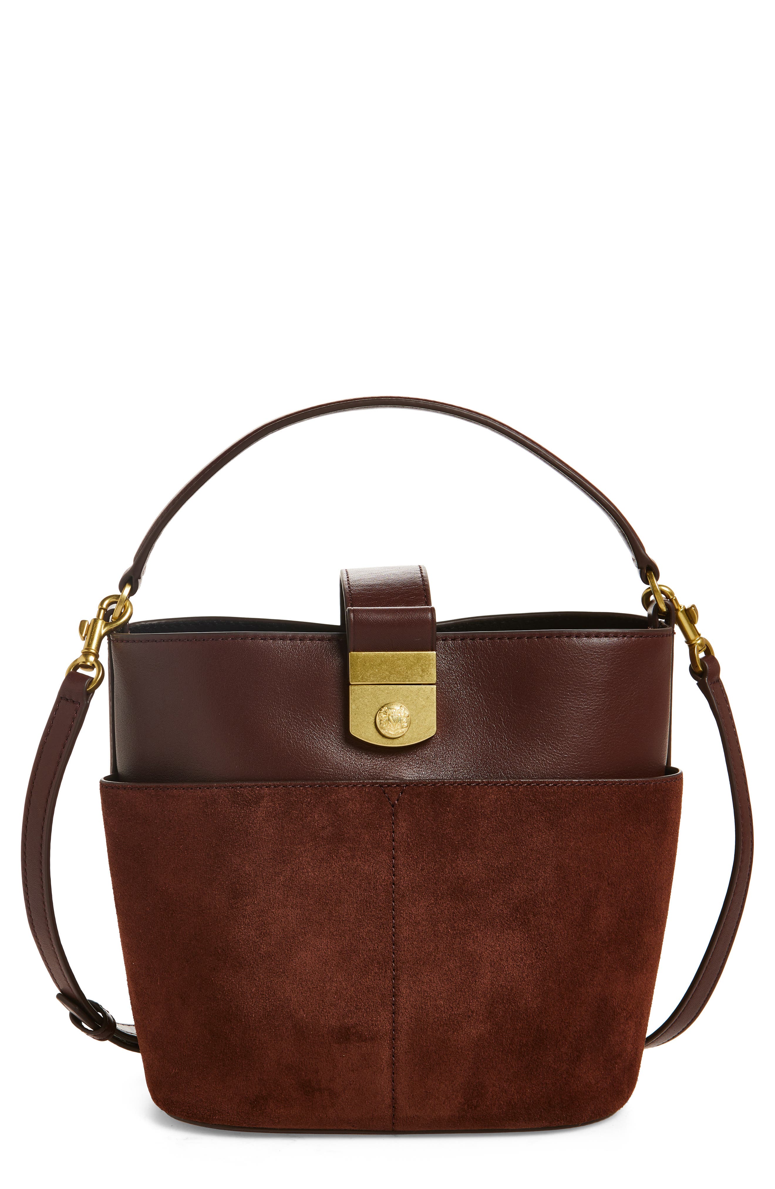 Small Crest Lock Leather Bucket Bag, Main, color, CHESTNUT