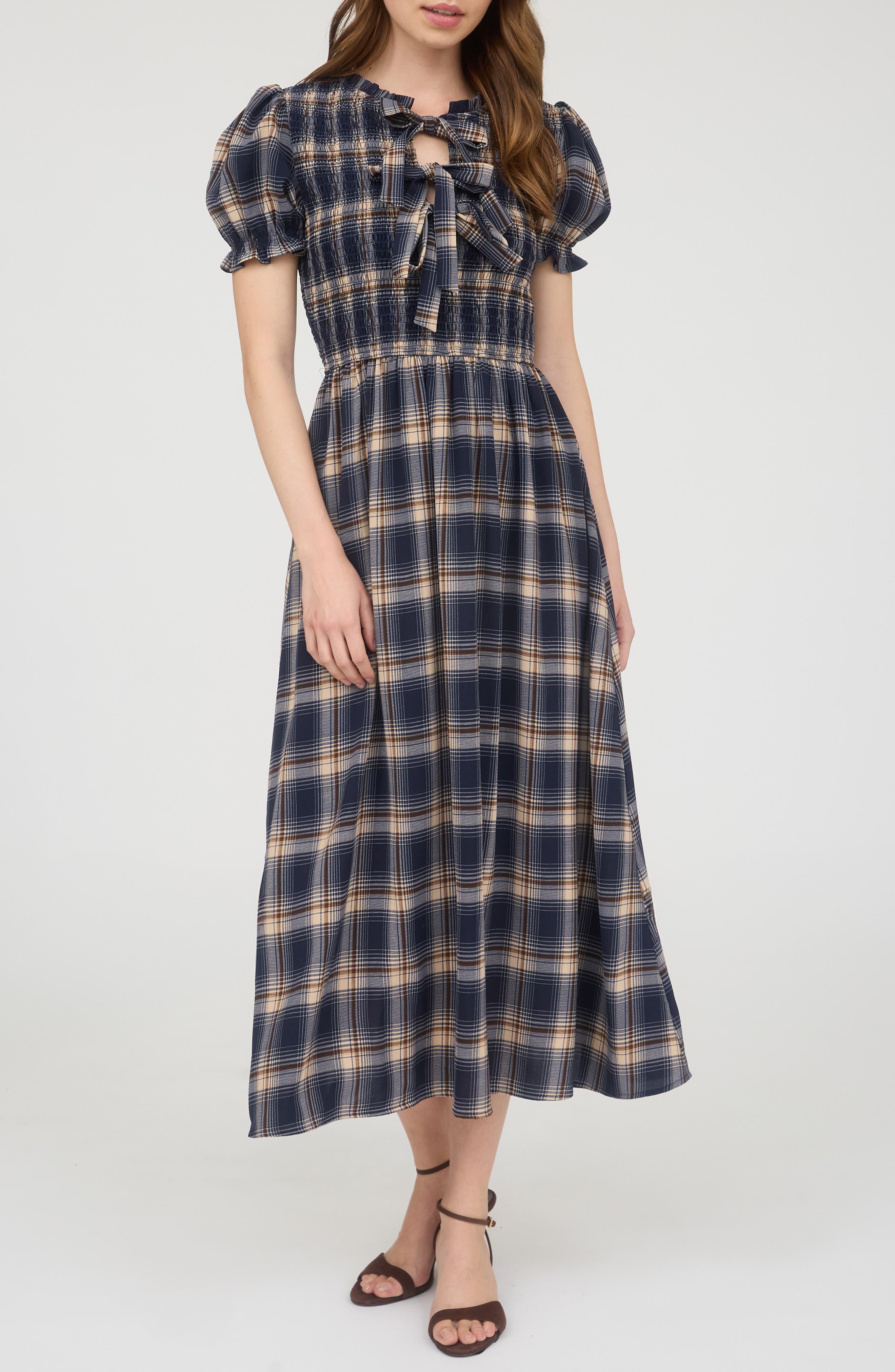AUGUST SKY Plaid Tie Front Midi Dress