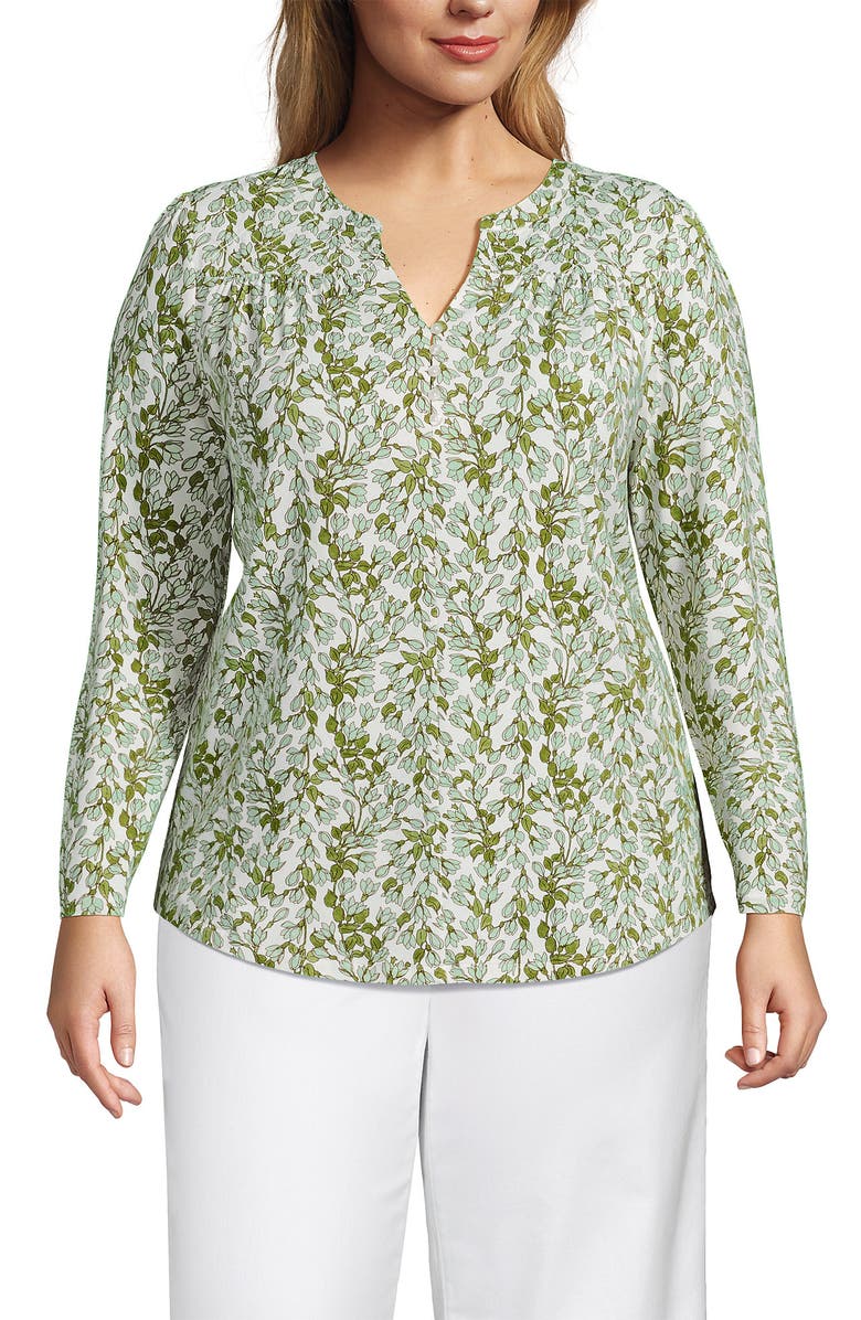 Lands' End Long Sleeve Lightweight Jersey Notch Neck Tunic Top, Main, color, Ivory/Icy Mint Bloom Floral
