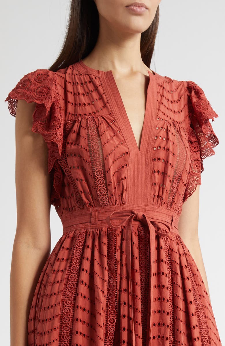 Ulla Johnson Olga Flutter Sleeve Midi Dress, Alternate, color, Claret