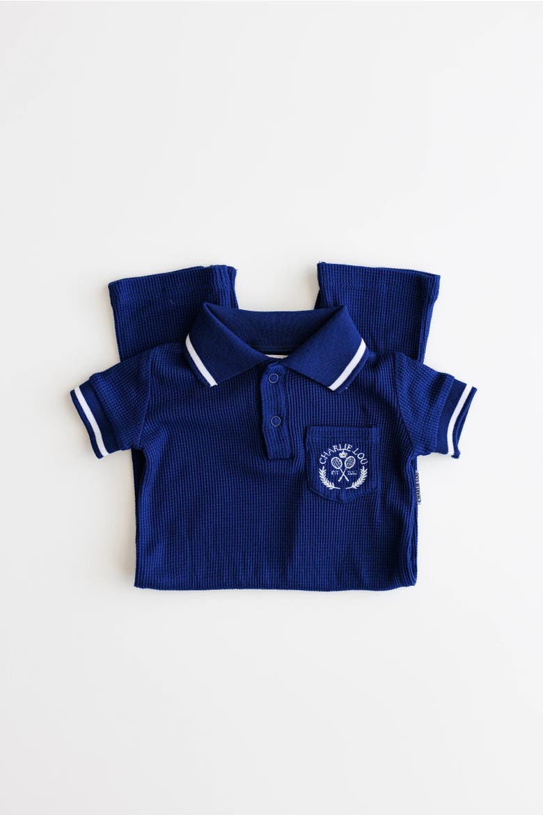 Waffle Polo Romper, Alternate, color, Navy Blue