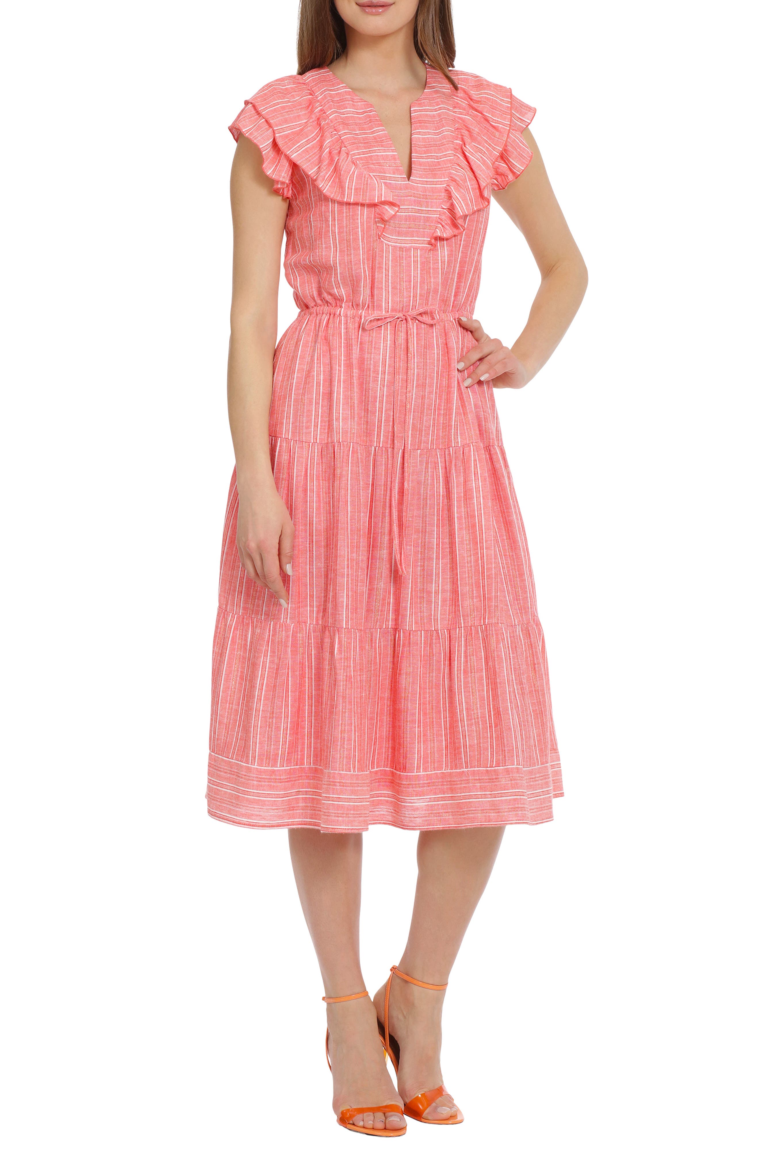 Metallic Stripe Linen Blend Midi Dress