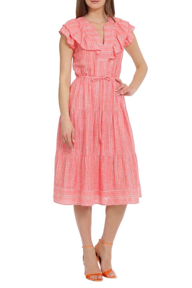 Metallic Stripe Linen Blend Midi Dress, Main, color, LIGHT RED/ IVORY