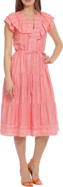 Maggy London Metallic Stripe Linen Blend Midi Dress