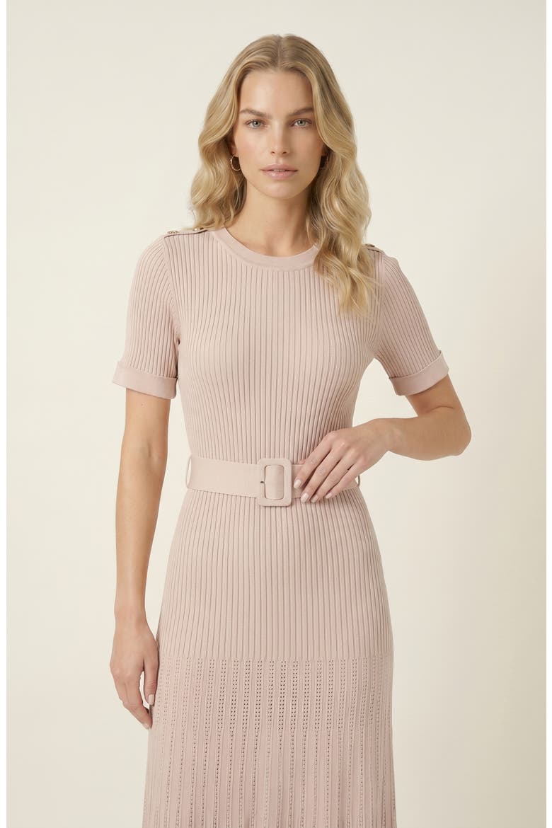Ribbed Knit Belted Waist Pleated Midi Dress, Alternate, color, Beige