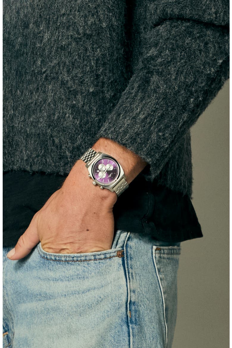 Time Teller Chrono Watch, 39mm, Alternate, color, SILVER / PURPLE SUNRAY