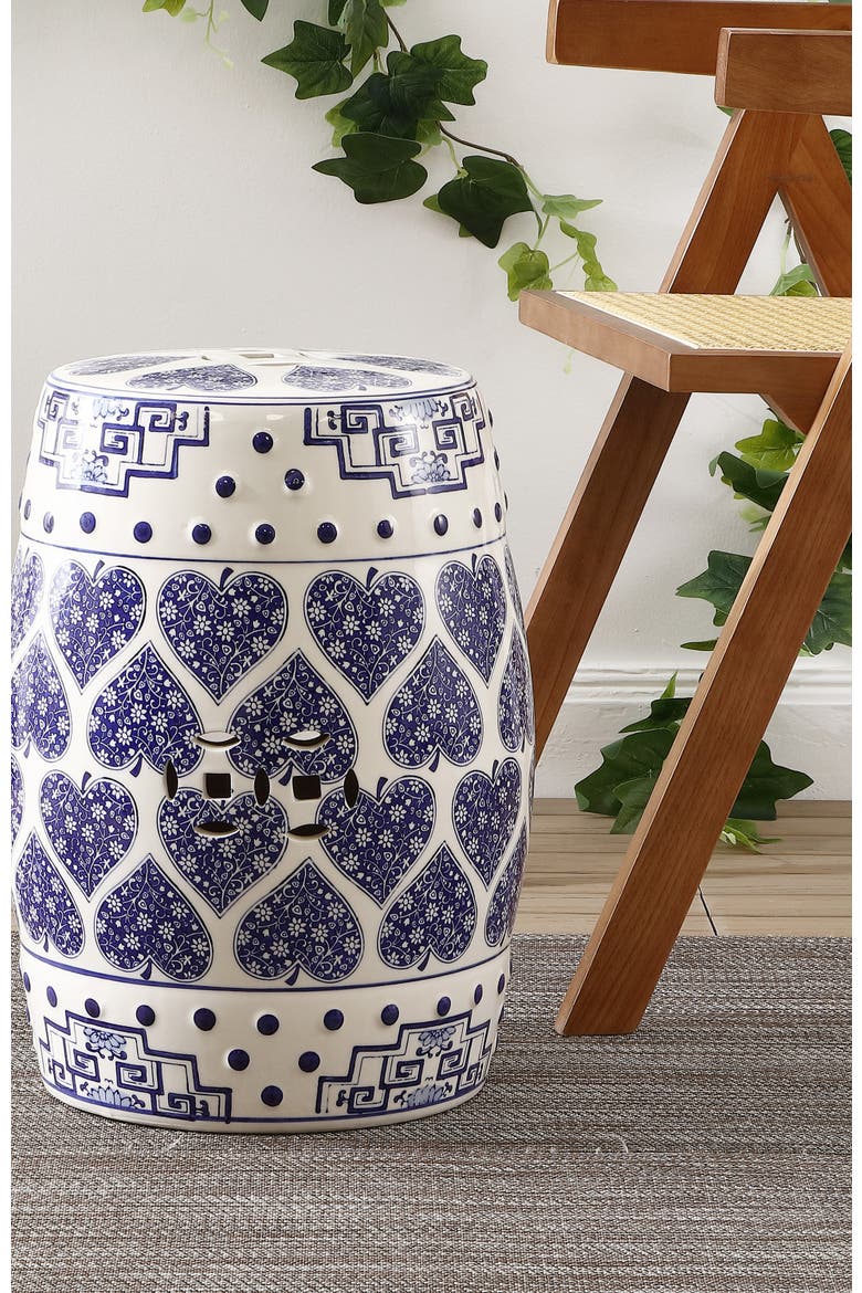 Happy Hearts Traditional Floral Chinoiserie Ceramic Drum Garden Stool, Pierced Indoor/Outdoor Patio Seat & Side Table, Alternate, color, Blue/White