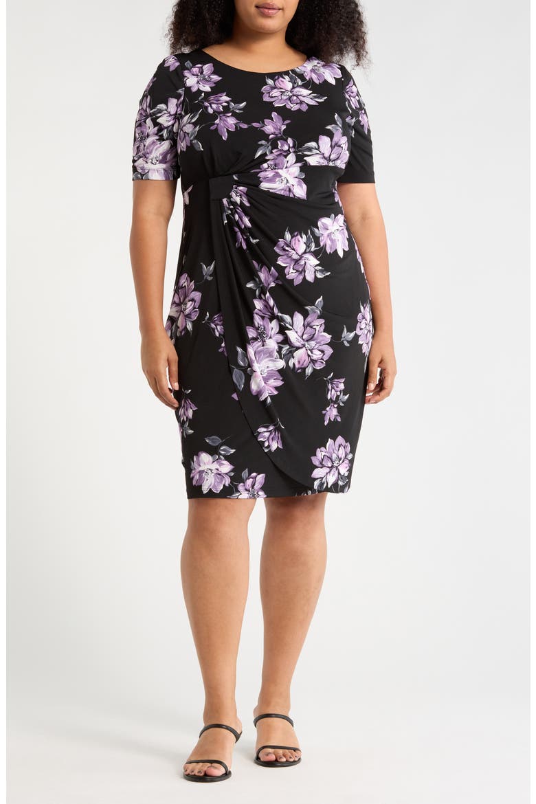 Floral Print Faux Wrap Dress, Main, color, BLACK
