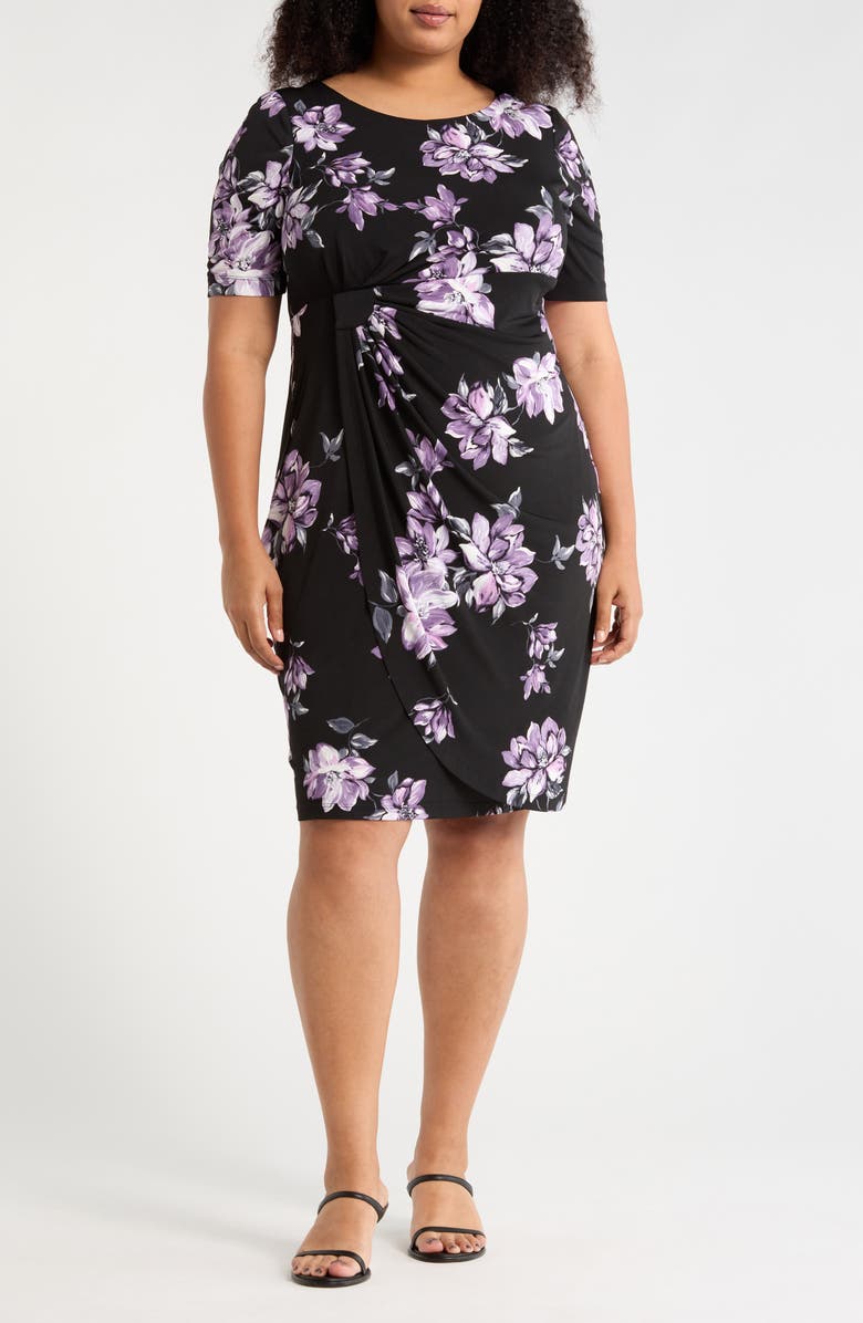 Connected Apparel Floral Print Faux Wrap Dress, Main, color, Black