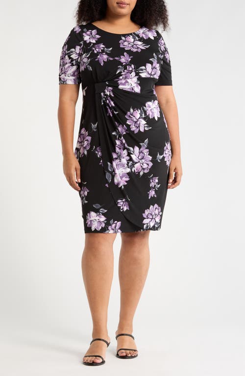 Connected Apparel Floral Print Faux Wrap Dress In Black