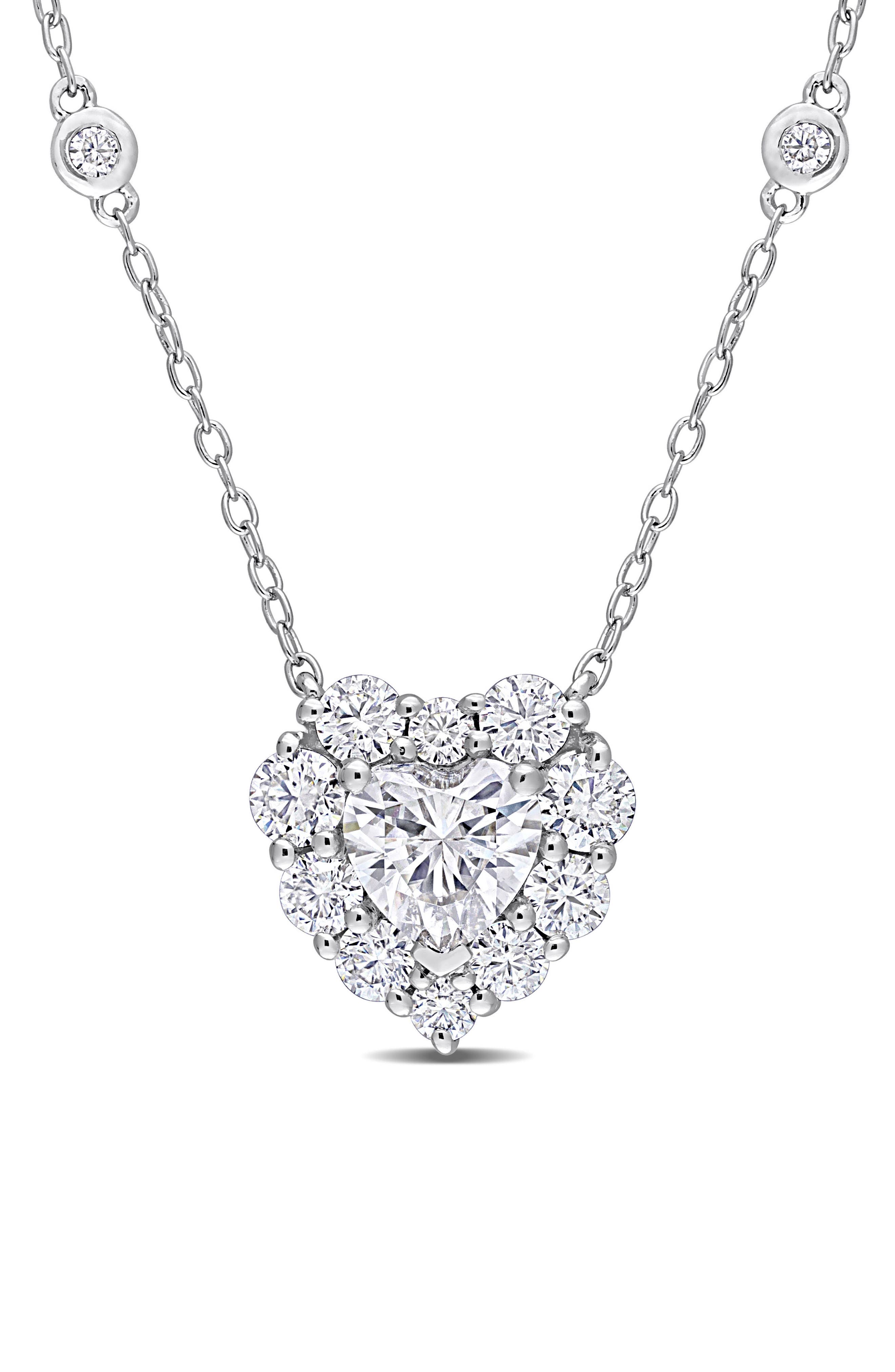 DELMAR Sterling Silver Lab Created Moissanite Heart Pendant Necklace