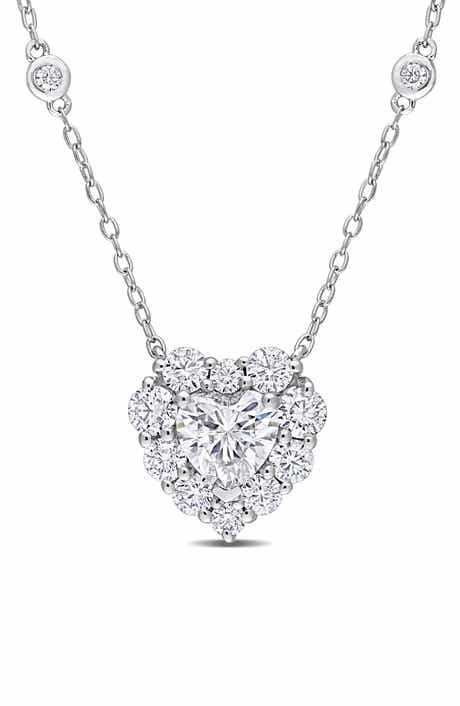 DELMAR Sterling Silver Lab Created Moissanite Heart Pendant Necklace