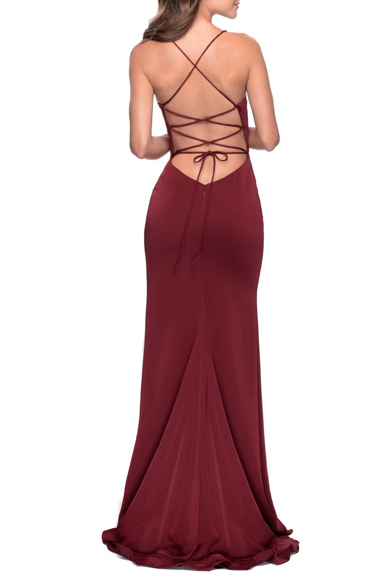 Ruffle Prom Dress with Scoop Neck and Lace Up Back, Alternate, color, WINE