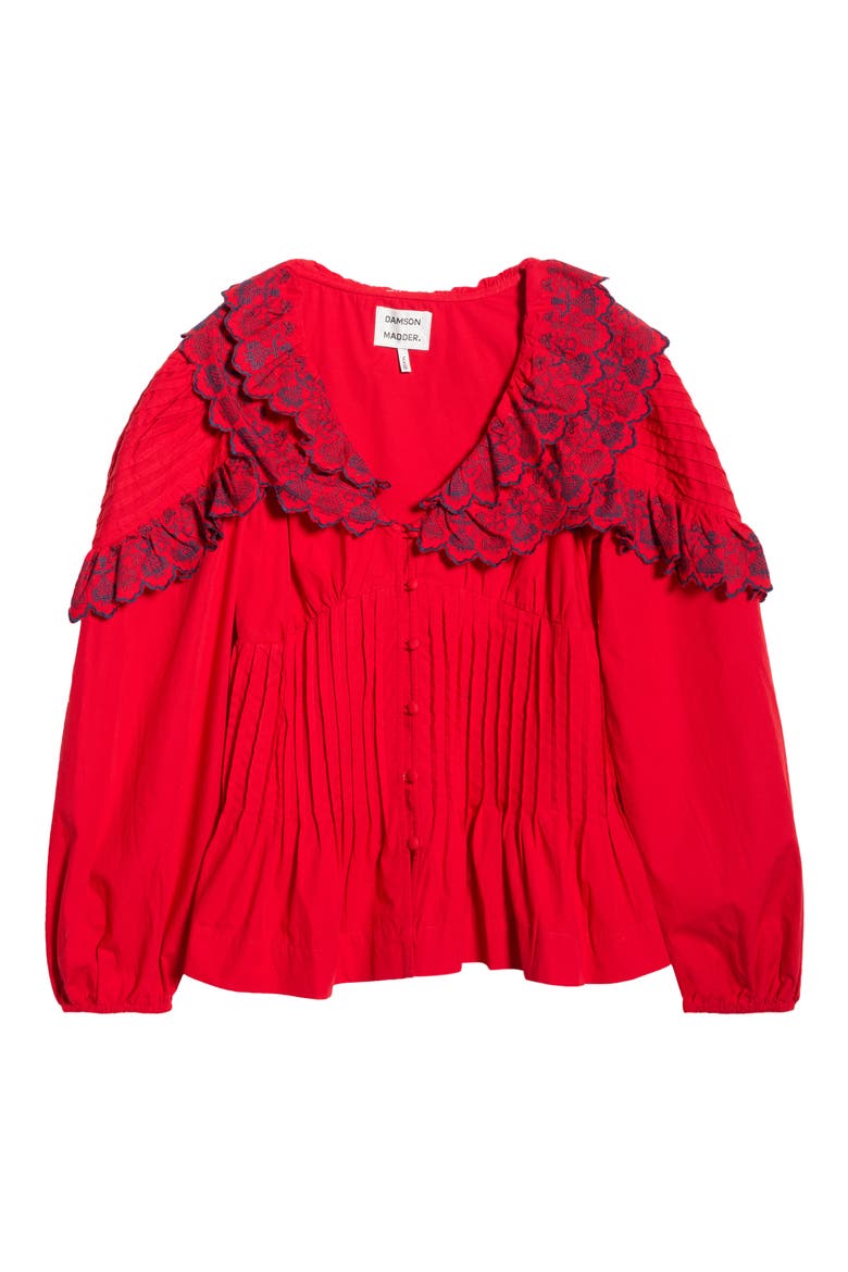 Caroline Embroidered Organic Cotton Peplum Top, Alternate, color, RED