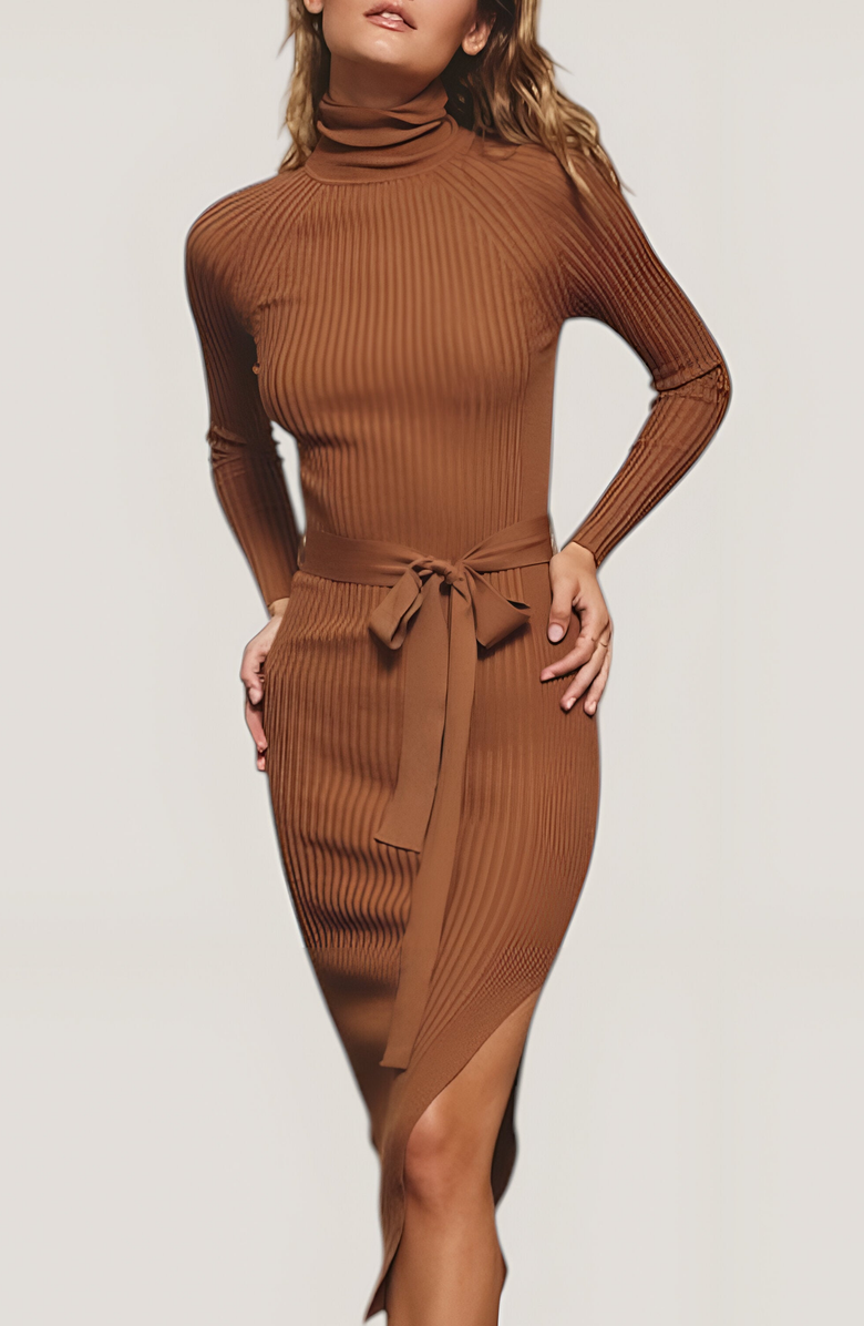 Modenaire Ribbed Turtleneck Sweater Dress with Waist Tie and Side Slit Detail, Alternate, color, 