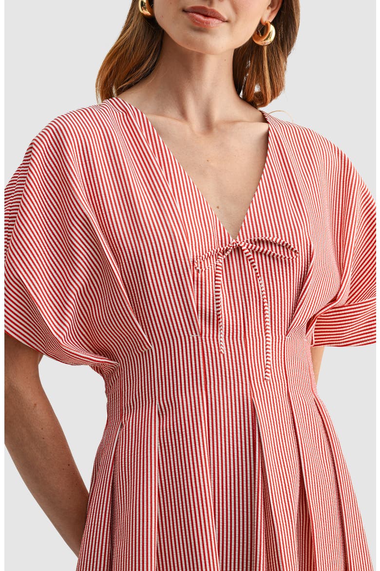 Stripe Pleat Waist A-Line Midi Dress, Alternate, color, RED STRIPED